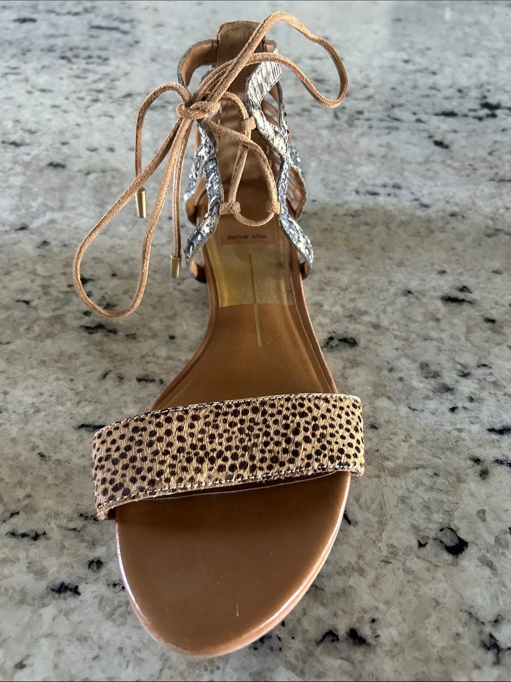 Dolce Vita Tan and Silver Lace-Up Sandals with Animal-Print Strap